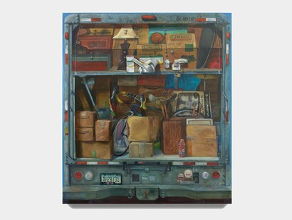 Rebecca Ness,
U-Haul, 2023,
Oil on linen,
90 x 80 inches / 228.6 x 203.2 cm. Courtesy of the artist and Jessica Silverman Gallery