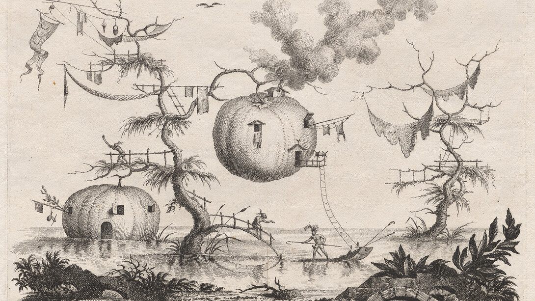 Filippo Morghen, Suite of the most notable things seen by John Wilkins erudite English bishop during his famous voyage from the Earth to the Moon … dedicated to Sir William Hamilton ambassador to the court of Naples: pumpkins used as dwellings to be secure against wild beasts, about 1769. Courtesy of the Cleveland Museum of Art