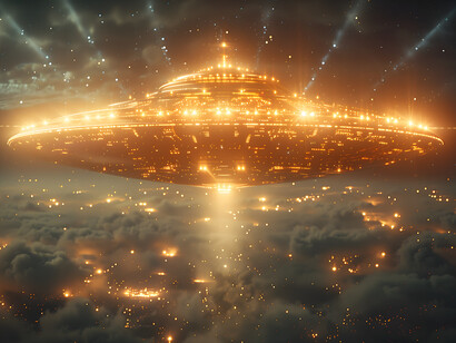 A shining UFO flying over the clouds