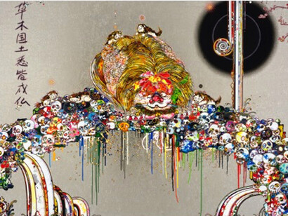 Takashi Murakami, "Lion Peering into Death’s Abyss", 2015, Acrylic and gold and platinum leaf on canvas mounted on aluminum frame, 150 x 300 cm © 2015 Takashi Murakami/Kaikai Kiki Co., Ltd. All Rights Reserved.