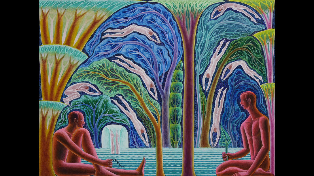 Bryan Rogers, Watering Hole, 2023, acrylic on panel, 30x40 inches. Courtesy of the artist and Monya Rowe Gallery