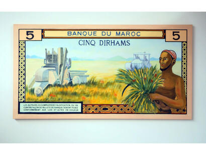 Mustapha Akrim, Cinc dírhams, Cinco dírhams, Five Dirhams, 2013, Acrílic sobre tela, Dimensions: 110 x 200 cm. Cortesia de l’Appartement 22, Rabat, Marroc

