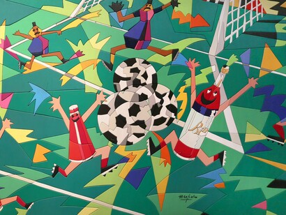 Ugo Nespolo, Mondiali di calcio campari (particolare), puzzle in legno laccato, 1990