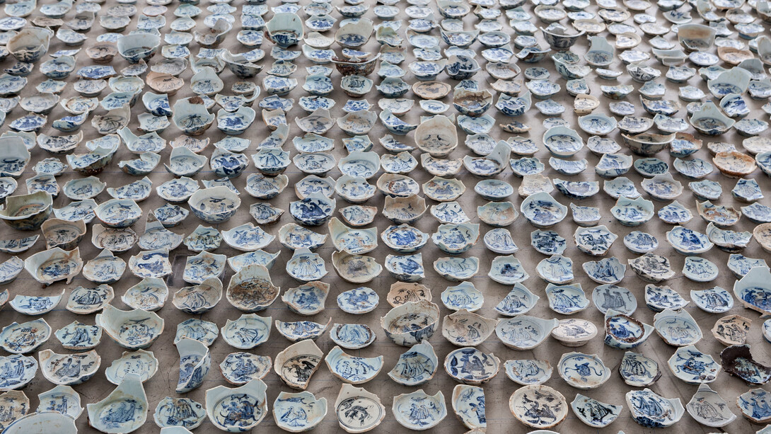 Ai Weiwei Tiger, Tiger, Tiger, 2015, 3,025 Porcelain shards with tiger motif, Dimensions variable