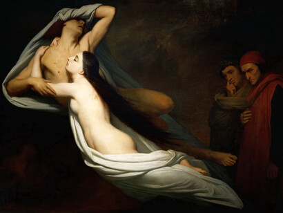 Ary Scheffer; Dante y Virgilio encontrándose con las sombras de Francesca de Rimini y Paolo en el inframundo, 1855, versión del Museo de Louvre (detalle)