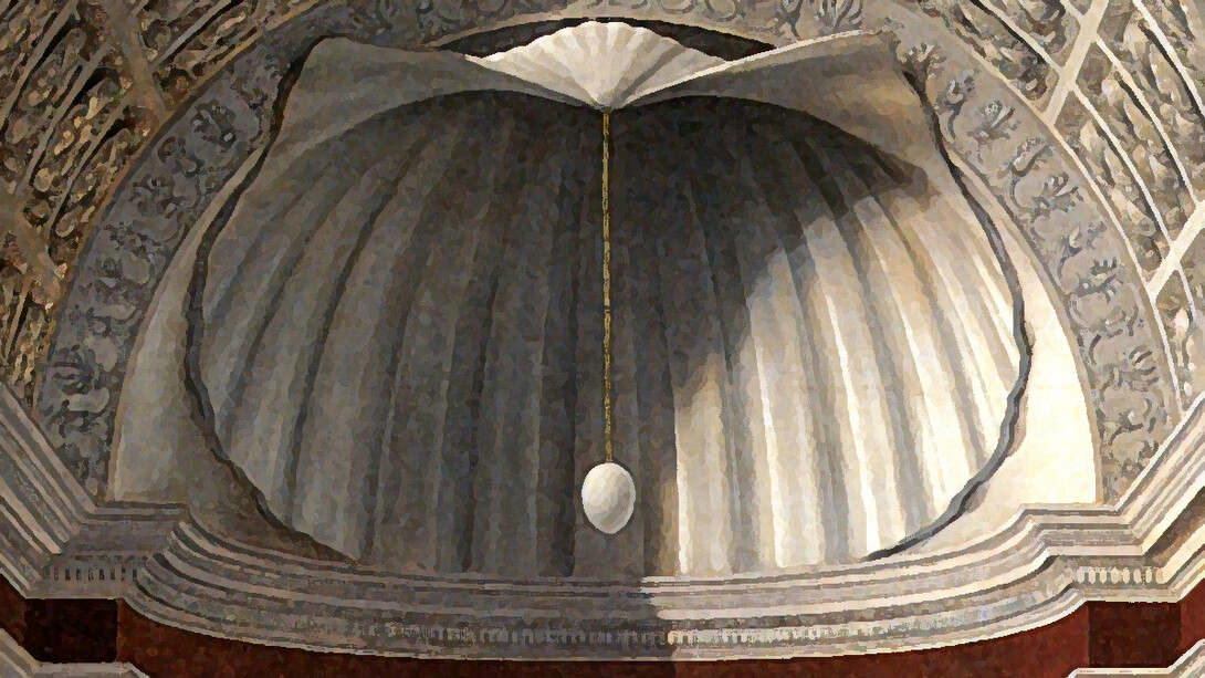 La conchiglia e l'uovo, da Piero della Francesca, La Pala di Brera (Pala Montefeltro), particolare 