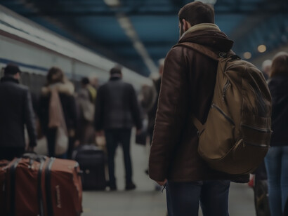 A young man at the train station, embarking on an immigration journey to Ireland with his luggage