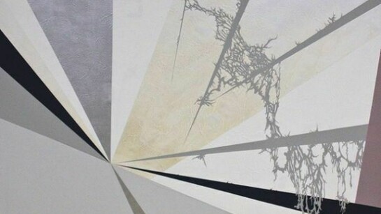 Julie Davidow, Diagram #29 (Denver Art Museum/ Liebskind/ Interior Stairwell), 2011 gesso, acrylic, latex enamel, transference paint, chrome paint on canvas 64 x 64 in. (162.56 x 162.56 cm)