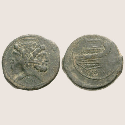 Moneda con la cabeza laureada de Jano barbudo y proa de un barco, c. 209 a. C.