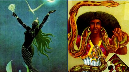 Yemanjá e Mami Wata. Mami Wata è una figura affascinante e complessa, venerata in molte culture africane e nella diaspora africana. Il nome "Mami Wata" deriva dalle parole africane per "Madre dell'Acqua" ("Mami" che significa madre e "Wata" che significa acqua). È un termine generico usato in varie culture africane per riferirsi a spiriti o divinità dell'acqua