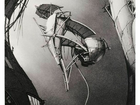 Lebbeus Woods, Photon Kite, from the series Centricity, 1988, Graphite on paper, 24 in. x 22 inches, Purchase through a gift of the Members of the Architecture + Design Forum, SFMOMA Architecture and Design Accessions Committee, and the architecture and design community in honor of Aaron Betsky, Curator of Architecture, Design and Digital Projects, 1995-2001, © Estate of Lebbeus Woods.