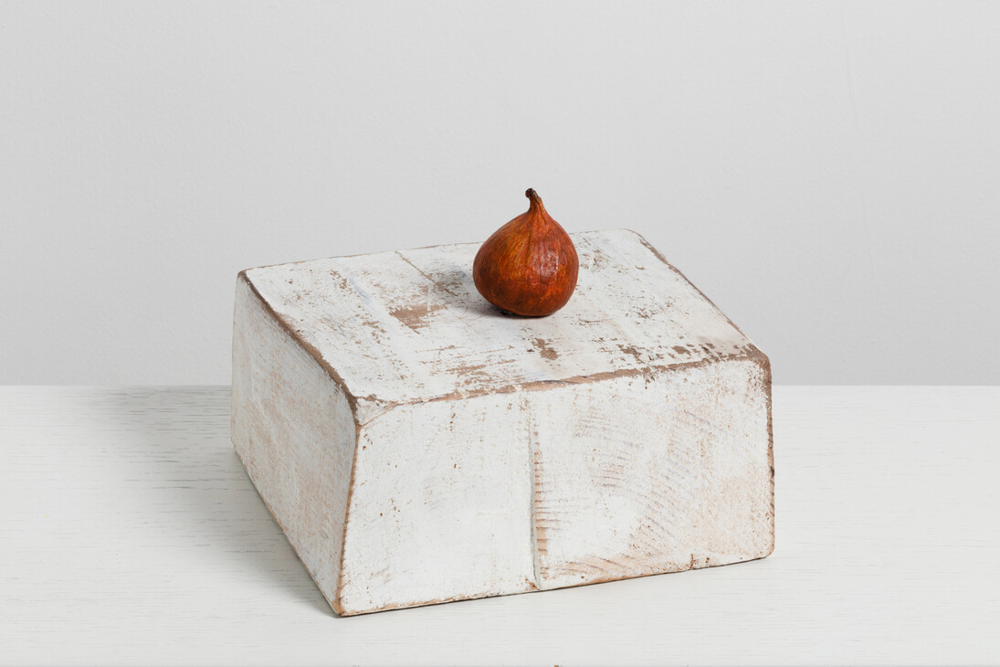 Joel Tomlin, Untitled (Fig on plinth), 2015, Wood, gesso, patinated bronze, pigment, 17 x 20 x 18 cm
