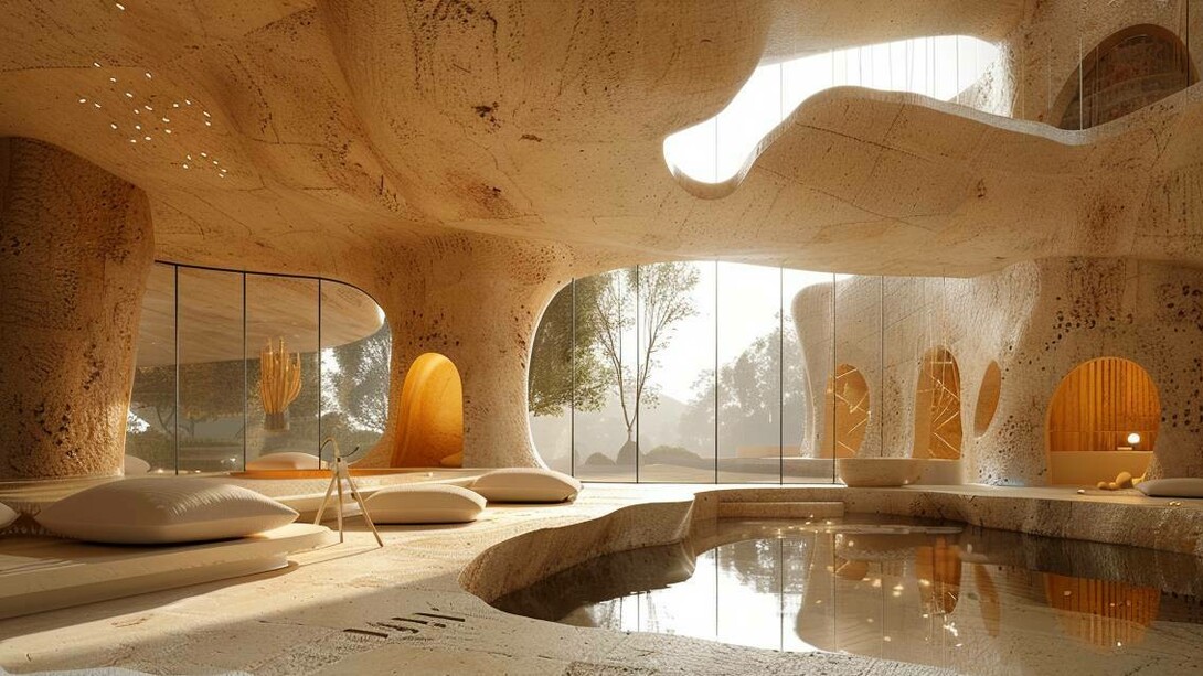 Immagine generata da Midjourney che illustra la fusione di futurismo e architettura organica