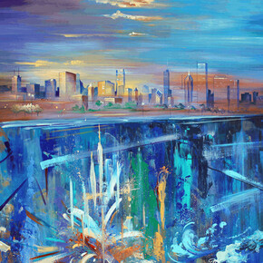 Laura Lee Junge, City By The Lake, acrylic on board, 40x60 inches. Courtesy of Jackson Junge, Chicago