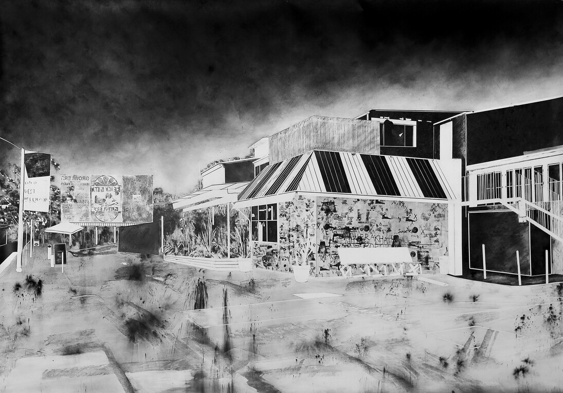 Maxime Duveau, Sunset Bar, 190x320cm, 2015, fusain, transfert, tampons sur papier