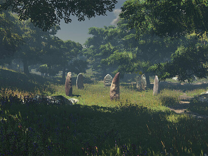Scenario virtuale in 3D rappresentante un circolo megalitico. I Menhir sono realizzati con la tecnica della fotogrammetria e inseriti in un contesto naturalistico rappresentante la Sardegna del neolitico