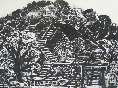 Kenkun Jinja,1977, Woodlblock print, Edition of 50, 19x27inches, 49.5x68.5cm