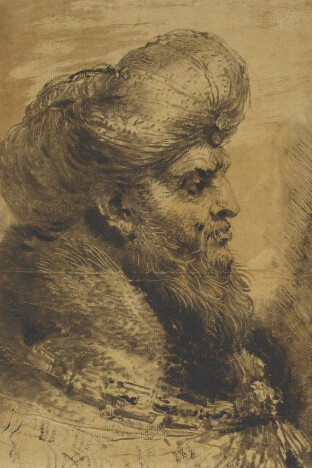 Giovanni Benedetto Castiglione, The head of an oriental, c. 1645-1650. Monotype with black oil paint and brown wash on brown-toned paper, 31.7 x 23.6 cm. Royal Collection Trust, London.
