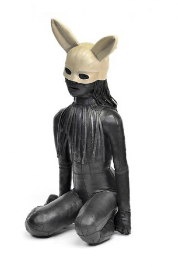 Aneta Grzeszykowska, "Skin Doll #2", 2017, sculpture, natural leather dyed black, undyed natural leather, nonwoven fabric, metal, 100 × 50 × 55 cm, © WCM