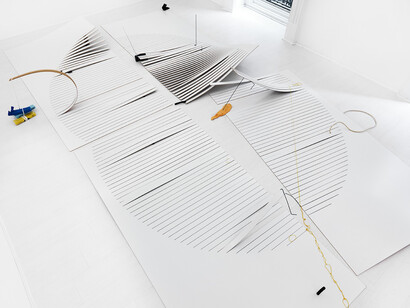 Beatriz Olabarrieta, News Plast, 2014, Laminated Hardboard Board , plasticine blocks, charcoal sticks, elastic, plant supports, raphia rope, shoelaces, palette, Sony radio switched. 5 x 3 m, Courtesy Casado Santapau Galeria, Madrid  