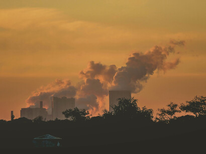 Nuclear reactor towers fuming into the sky