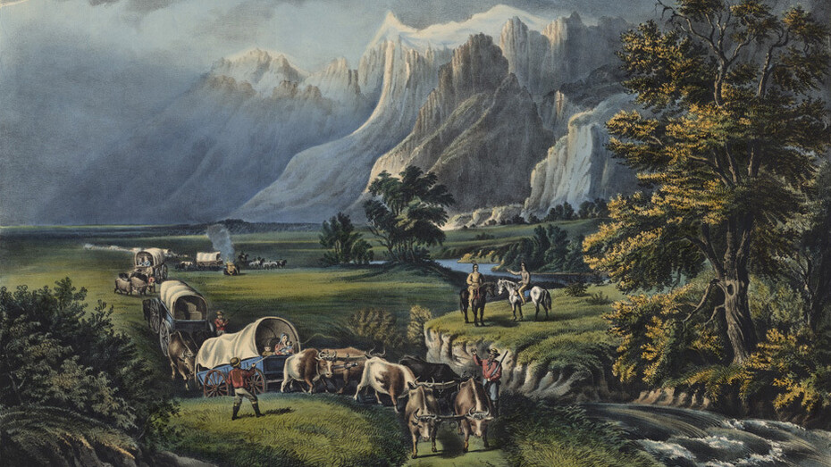 Fanny F. Palmer, Currier & Ives, publisher, The rocky mountains: emigrants crossing the plains, 1866. Courtesy of Collection of Mr. and Mrs. Leonard L. Millberg and the New-York Historical Society Gallery 
