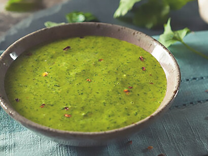 Dining experience with the invigorating flavors of a raw, organic green Chimichurri sauce