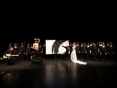 Luigi Presicce, Allegoria astratta dell'atelier del pittore all'inferno tra le punte gemelle, 2014, performance per un solo spettatore alla volta, accompagnato. Teatro Studio Scandicci (FI), 150 x 200 cm