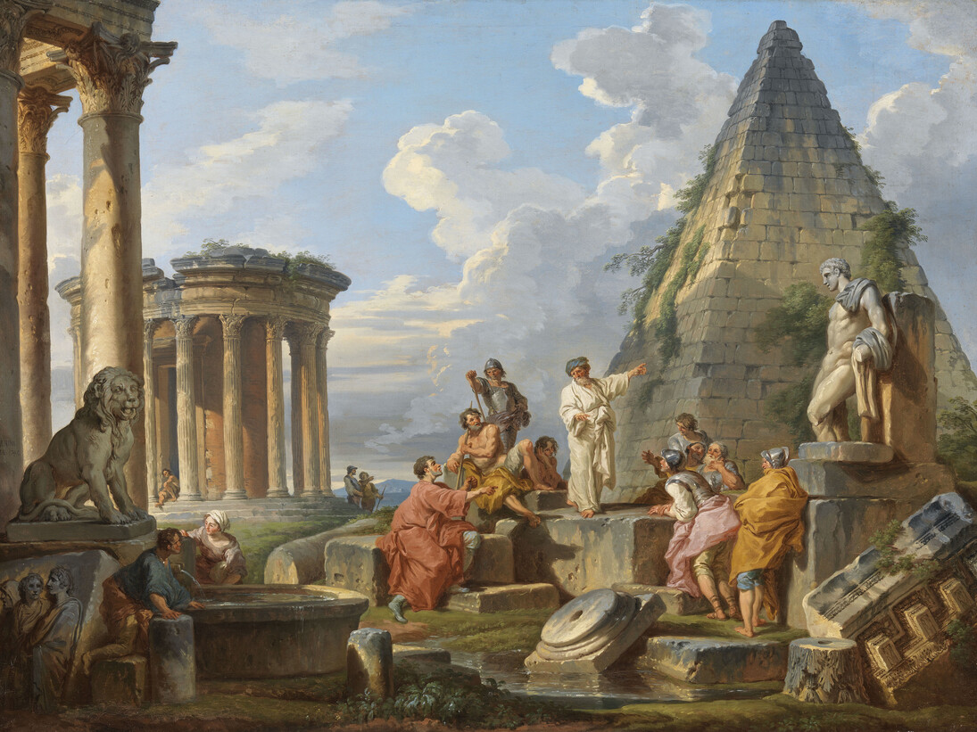 Giovanni Paolo Panini (c.1691-c.1765), A Capriccio with Saint Paul Preaching to the Romans, with the Temple of Vesta and Pyramid of Caius Cestius, 1742, Photo © National Gallery of Ireland