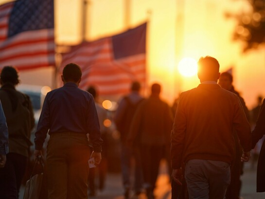 Citizens moving forward beneath American flags, symbolizing a collective journey toward a brighter future