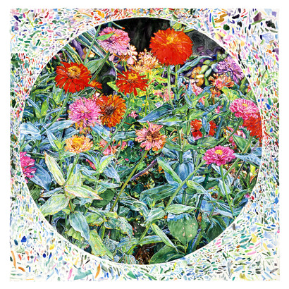 Joseph Raffael, Reunion, 2014-15, watercolor on paper, 55 ½” x 55” © Courtesy of Nancy Hoffman Gallery