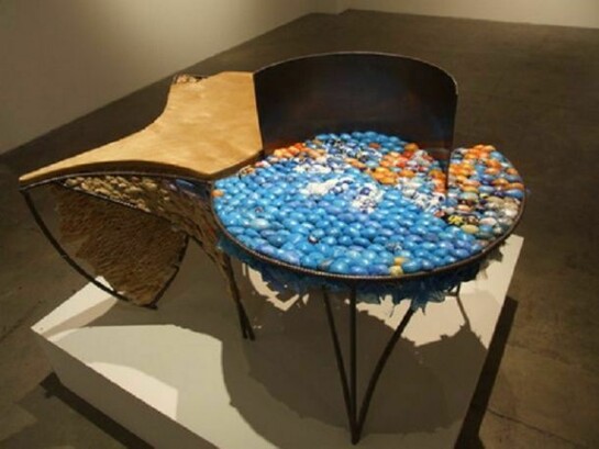 Ifeoma Anyaeji, Oche Blue (Blue Chair), 2011, metal, discarded plastic bags and plastic electric wire rim, and wood, 42x36x27 inches