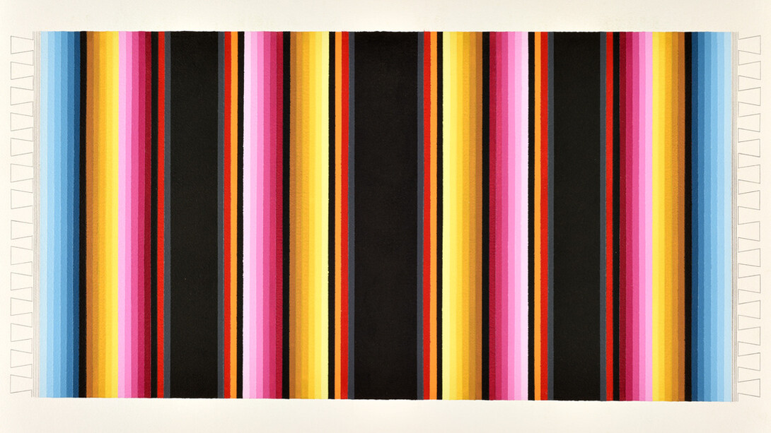César A. Martínez,
Serape: De Colores, 1980,
Signed front bottom right.
Sign, date, title, and measurements on reverse.
Acrylic and graphite on paper,
22.25 x 30 in,
56.51 x 76.2 cm,
Copyright: Copyright The Artist.
Courtesy of Ruiz-Healy Art