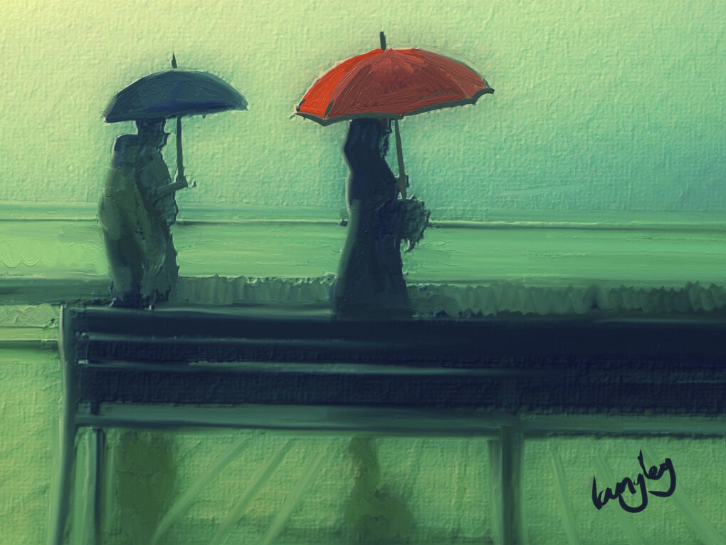Chris Langley, Two Umbrellas (detail), Mixed Media on Canvas, 23" x 16"