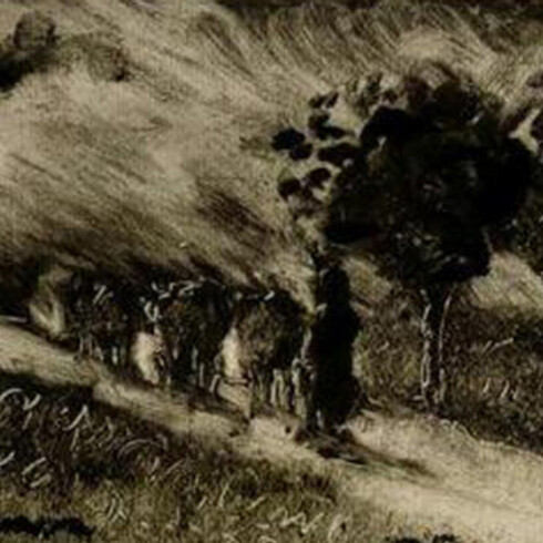 Camille Pissarro, Vacherie le soir,1890 ca. L’impressione del gesto con cui è stato asportato il colore, ben si presta alla resa della mobilità della luce e dell’atmosfera.