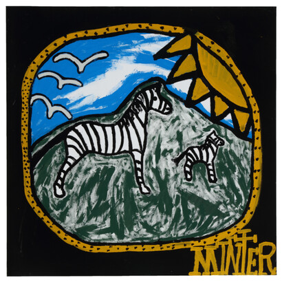 Joe Minter, Zebra, 2023, paint on canvas, wood board, 48x48 inches. Courtesy the artist and March Gallery, NYC