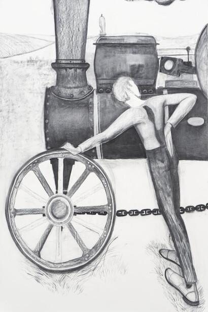 William Brickel, Steam Engine #1 (detail), 2023. Charcoal on cotton paper, 87 1/2 x 60 inches. Courtesy of Kohn Gallery