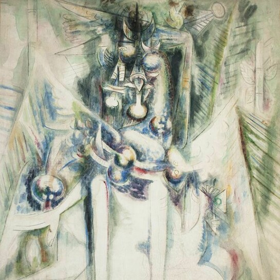Wifredo Lam ( Cuba 1902-1982), detail of Hermes Trismegiste, 1945, Oil on canvas, 63 x 50 In. 160 x 127 Cm. Signed and dated lower right.