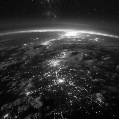 From orbit, a glowing hemisphere reveals interconnected lights and storms—an image of planetary emergence calling us to a higher, world-centered consciousness