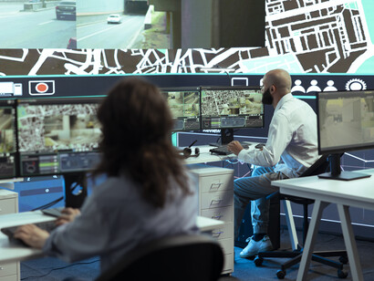 Operatori in un centro di controllo che monitorano mappe e traffico: esempio di sorveglianza moderna e della necessità di distorcere ogni forma d'informazione per giustificare "misure liberticide per le masse popolari" – una caratteristica drammatica dello Stato della sorveglianza