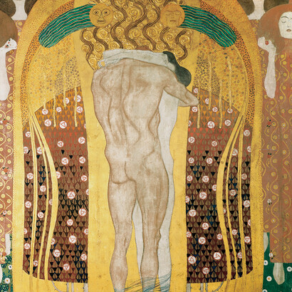 „Beethovenfries“ - Ausschnitt, 1901, rechte Wand, "Diesen Kuss der ganzen Welt", Secession Wien, Foto: Archiv der Secession/Belvedere, Copyright: Secession Wien