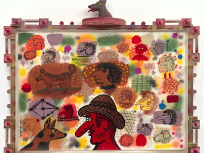 Roy De Forest, Untitled, 2003, acrylic and mixed media on paper with artist designed frame, 42 x 48 x 5 inches. Courtesy of Brian Gross Fine Art