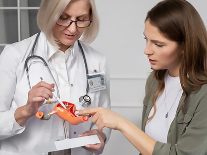 Doctor and patient examining anatomical uterus and ovary model for medical consultation