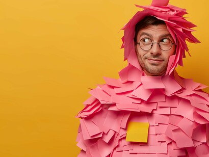 Homem com post-its colados no corpo. Resumindo e concluindo, fazemos e desfazemos com papeis, mais ou menos honrados, lacrados, selados, perfumados, lacrimejados! Até confidente pode tornar-se o papel! Basta fazermos de um caderno o nosso Diário Perfeito ou Testamento mais certeiro
