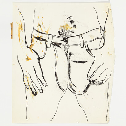 Andy Warhol, Male Lower Torso Thumbs in Pockets, c. 1956, Ink and graphite on scrap paper, 17 7/8 x 15 3/8 inches (paper) (45.4 x 39.1 cm). © The Andy Warhol Foundation for the Visual Arts, Inc. Courtesy Anton Kern Gallery, New York