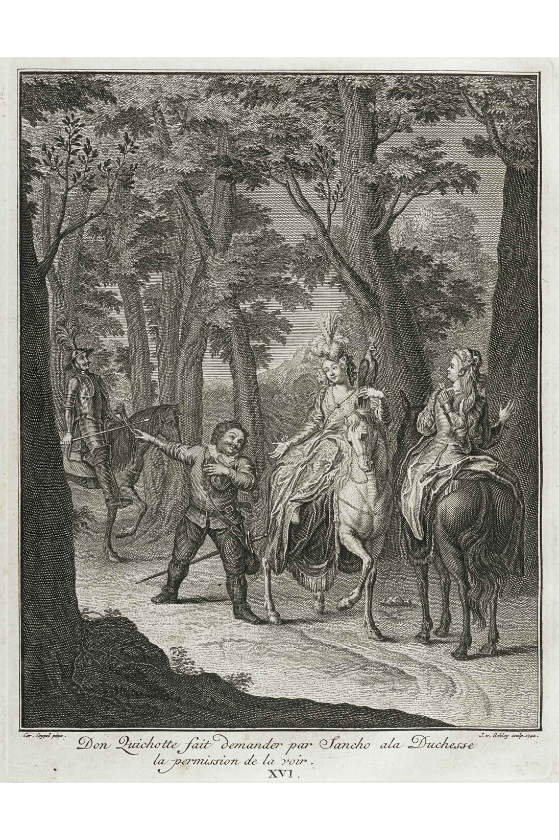 Jacob van der Schley (Dutch, 1715−1779) after 1723 engraving by Louis Surugue père (French, 1686−1762) after Charles Coypel (French, 1694–1752) Sancho Panza Asks the Duchess to Grant Don Quixote Permission to See Her Engraving, Plate 16 of Les principales aventures de l'admirable Don Quichotte (Liege: Jean-François Bassompierre, 1776) Plate: 8 1/2 x 6 1/2 inches The Hispanic Society of America, New York (7682b). Photo: George Koelle