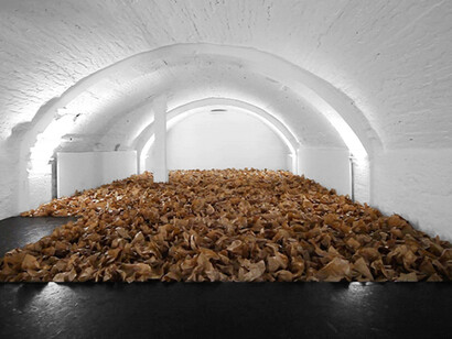 43 prepared dc-motors, 31.5kg packing paper Zimoun 2013. DC-motors, paper, nylon, wood, power supply. Size variable. Installation view: Orbital Garden Bern, Switzerland. Photography by Zimoun ©