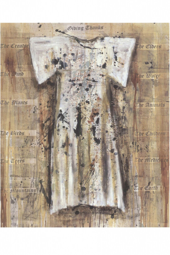 Jaune Quick-to-See Smith, Giving Thanks Dress, 2000, oil and collage on canvas, 36 x 30 inches