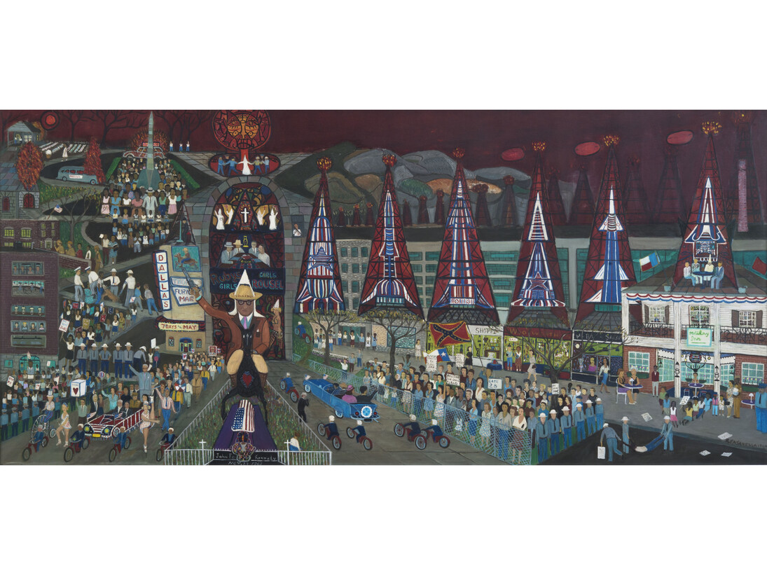 Ralph Fasanella, American Tragedy, 1964, oil on canvas, collection of John and Susan Jerit, image courtesy Andrew Edlin Gallery. © 1964, Estate of Ralph Fasanella