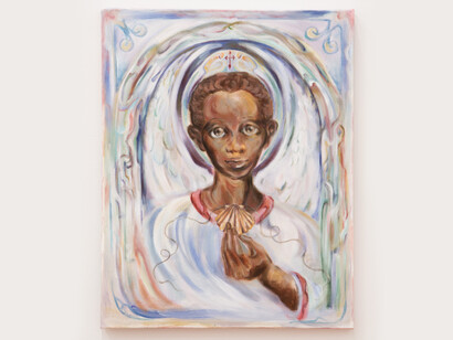 Eden Seifu, The Angel Of Pilgrimage, 2023, acrylic on canvas, 28×22 inches. Courtesy the artist and Deli Gallery, NYC